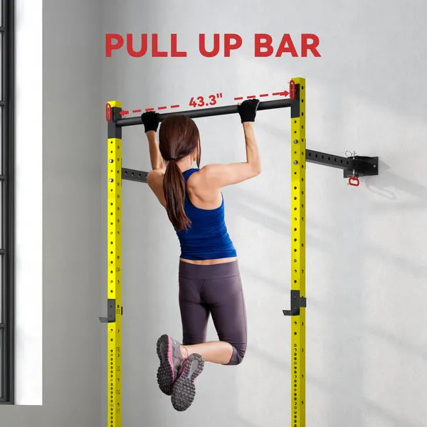 Folding Squat Rack with Pull Up Bar, Wall Mounted and Adjustable, 1000 Pounds Capacity Power Rack, Yellow - product image 6