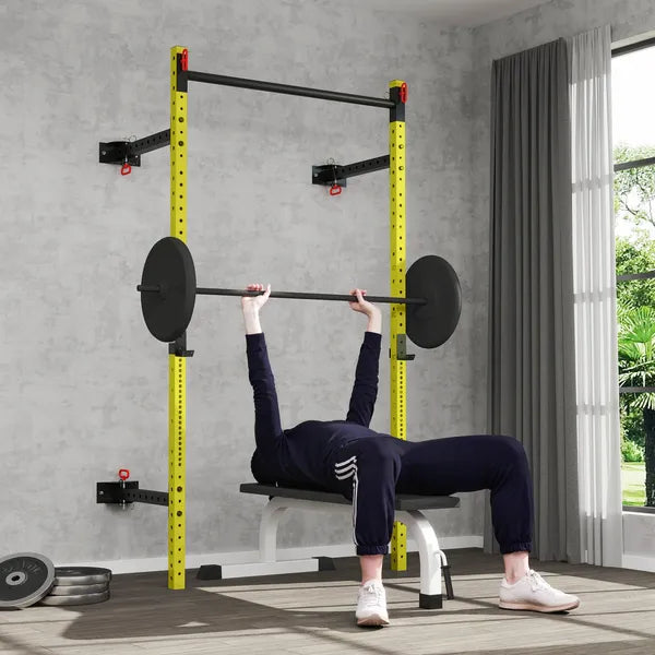 Folding Squat Rack with Pull Up Bar, Wall Mounted and Adjustable, 1000 Pounds Capacity Power Rack, Yellow - product image 10