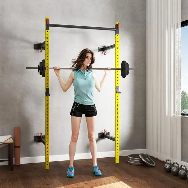 Folding Squat Rack with Pull Up Bar, Wall Mounted and Adjustable, 1000 Pounds Capacity Power Rack, Yellow - product image 2