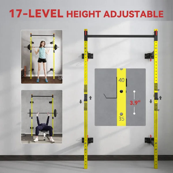 Folding Squat Rack with Pull Up Bar, Wall Mounted and Adjustable, 1000 Pounds Capacity Power Rack, Yellow - product image 5