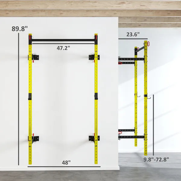 Folding Squat Rack with Pull Up Bar, Wall Mounted and Adjustable, 1000 Pounds Capacity Power Rack, Yellow - product image 3