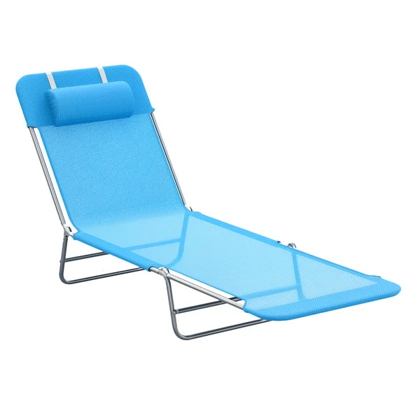 Outsunny Folding Sun Chair, Portable Outdoor Chair with Adjustable Back, Breathable Mesh and Pillow, for Patio, Beach, Blue - product image 1
