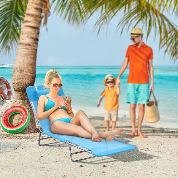 Outsunny Folding Sun Chair, Portable Outdoor Chair with Adjustable Back, Breathable Mesh and Pillow, for Patio, Beach, Blue - product image 2