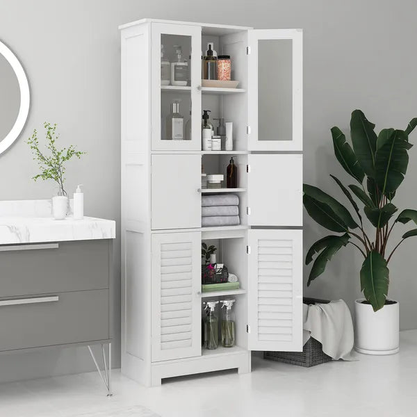 Freestanding Bathroom Cabinet with Glass/Louvred Doors, Tall Bathroom Storage Cabinet with Adjustable Shelf, White - product image 2