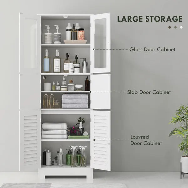 Freestanding Bathroom Cabinet with Glass/Louvred Doors, Tall Bathroom Storage Cabinet with Adjustable Shelf, White - product image 4