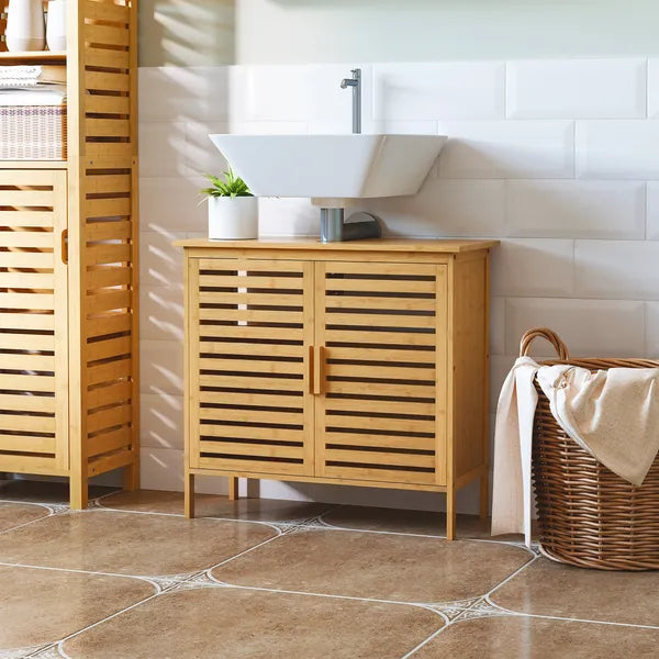 Freestanding Bathroom Sink Cabinet, Bamboo Under Sink Cabinet Cupboard Organizer with 2 Slatted Doors, Natural - product image 2