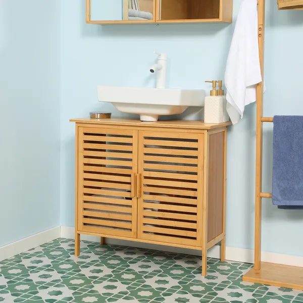 Freestanding Bathroom Sink Cabinet, Bamboo Under Sink Cabinet Cupboard Organizer with 2 Slatted Doors, Natural - product image 10