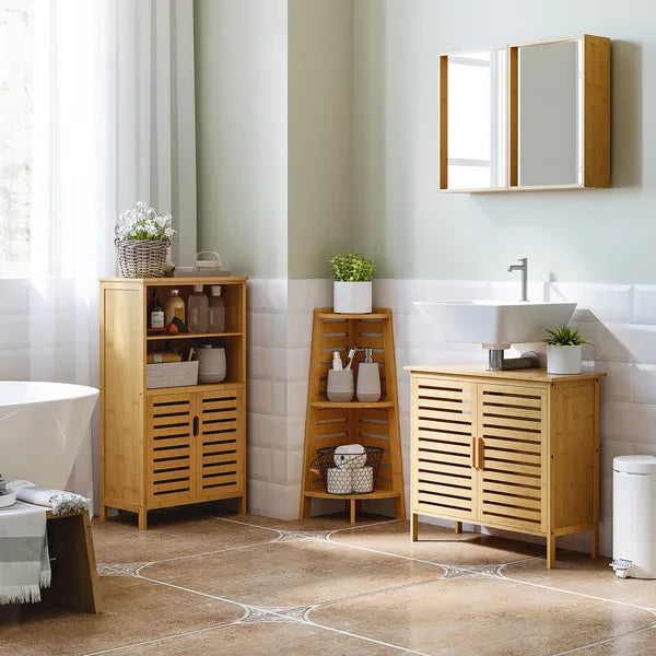 Freestanding Bathroom Sink Cabinet, Bamboo Under Sink Cabinet Cupboard Organizer with 2 Slatted Doors, Natural - product image 11