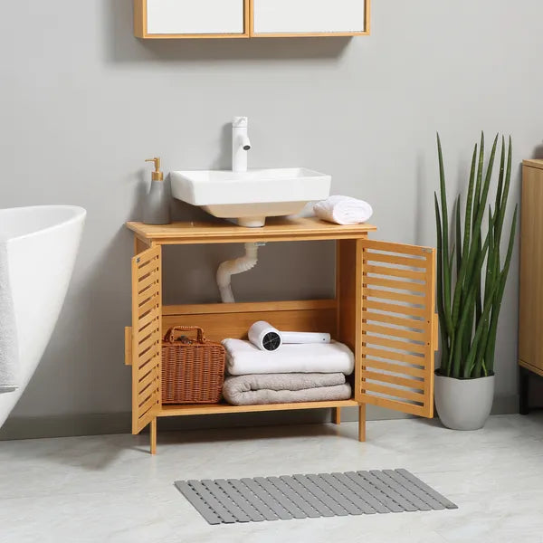 Freestanding Bathroom Sink Cabinet, Bamboo Under Sink Cabinet Cupboard Organizer with 2 Slatted Doors, Natural - product image 7