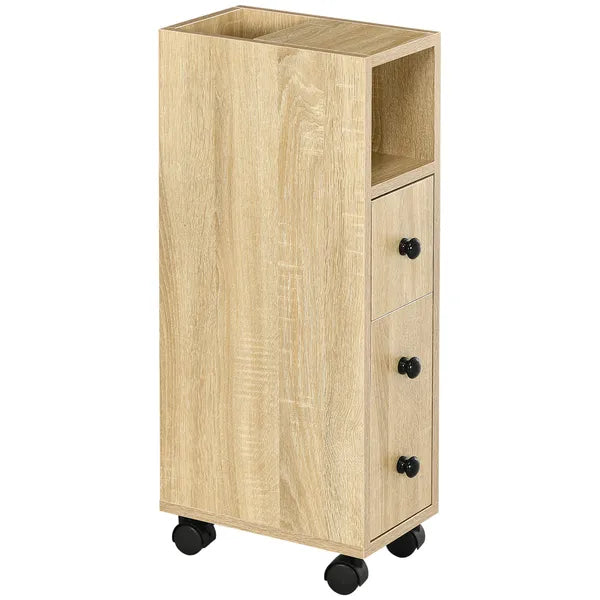 Kleankin Freestanding Compact Design Bathroom Cabinet with 2 Open Cabinets 1 Door Cabinet 1 Drawer and 4 Rolling Wheels Oak Grain Color - product image 11
