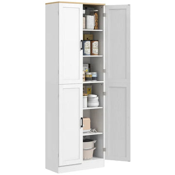 HOMCOM Freestanding Kitchen Pantry, 4-Door Kitchen Pantry Cabinet with Adjustable Shelves and Doors, Distressed White - product image 1