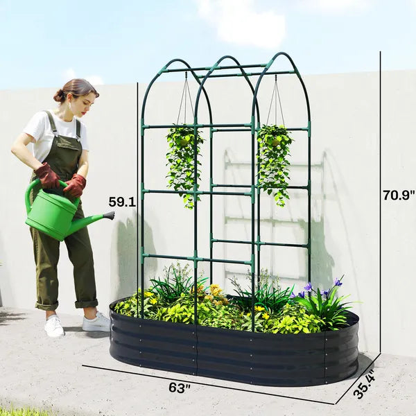 Galvanised Raised Garden Bed with Arched Trellis, 5 x 3 x 6ft Metal Outdoor Planter Box with Open Bottom, Dark Gray - product image 3