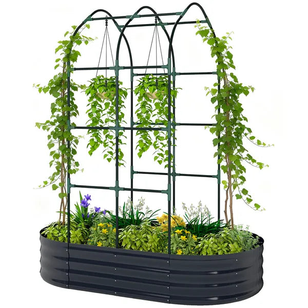 Galvanised Raised Garden Bed with Arched Trellis, 5 x 3 x 6ft Metal Outdoor Planter Box with Open Bottom, Dark Gray - product image 1