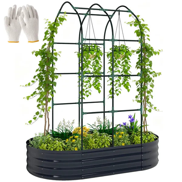 Galvanised Raised Garden Bed with Arched Trellis, 5 x 3 x 6ft Metal Outdoor Planter Box with Open Bottom, Dark Gray - product image 11