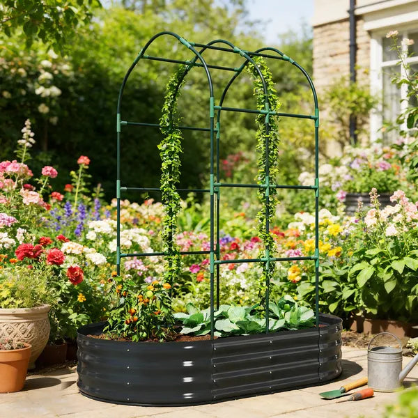 Galvanised Raised Garden Bed with Arched Trellis, 5 x 3 x 6ft Metal Outdoor Planter Box with Open Bottom, Dark Gray - product image 2