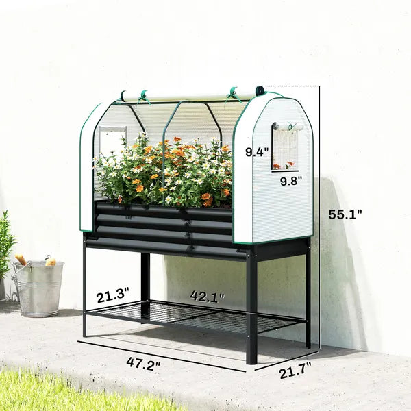 Outsunny Galvanised Raised Garden Bed with Greenhouse Cover, Metal Elevated Garden Bed with Bed Liner, Bottom Shelf, Black - product image 3
