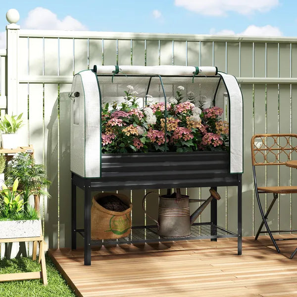 Outsunny Galvanised Raised Garden Bed with Greenhouse Cover, Metal Elevated Garden Bed with Bed Liner, Bottom Shelf, Black - product image 10
