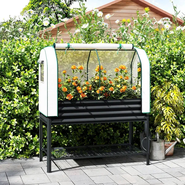 Outsunny Galvanised Raised Garden Bed with Greenhouse Cover, Metal Elevated Garden Bed with Bed Liner, Bottom Shelf, Black - product image 2