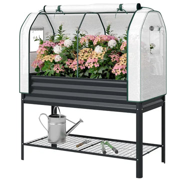 Outsunny Galvanised Raised Garden Bed with Greenhouse Cover, Metal Elevated Garden Bed with Bed Liner, Bottom Shelf, Black - product image 1