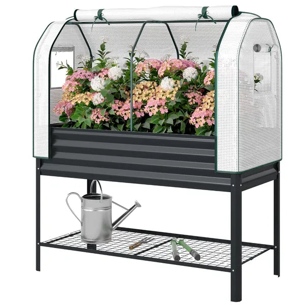 Outsunny Galvanised Raised Garden Bed with Greenhouse Cover, Metal Elevated Garden Bed with Bed Liner, Bottom Shelf, Black - product image 1