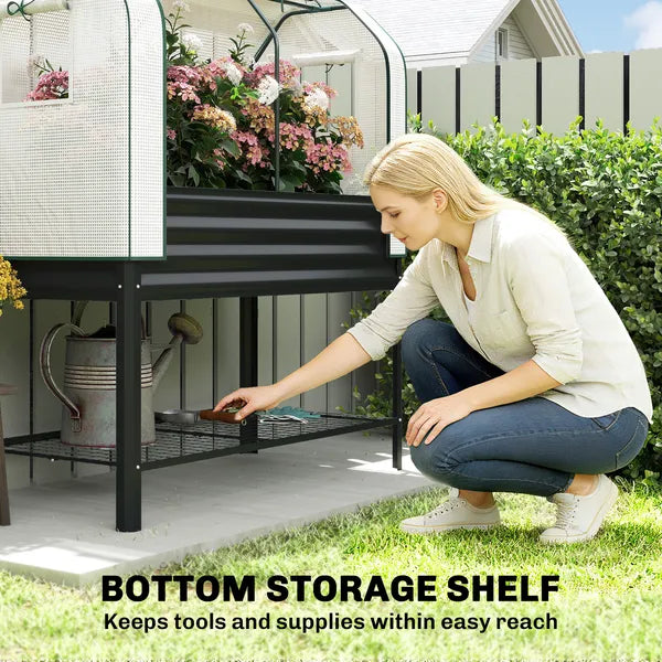 Outsunny Galvanised Raised Garden Bed with Greenhouse Cover, Metal Elevated Garden Bed with Bed Liner, Bottom Shelf, Black - product image 7