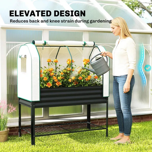 Outsunny Galvanised Raised Garden Bed with Greenhouse Cover, Metal Elevated Garden Bed with Bed Liner, Bottom Shelf, Black - product image 6