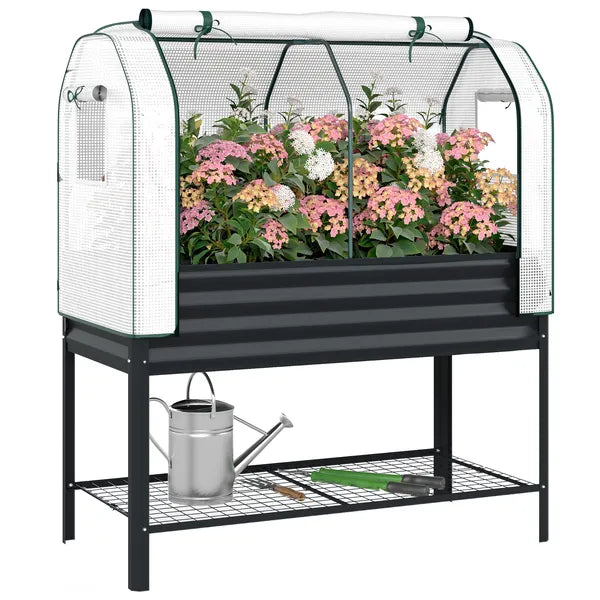 Outsunny Galvanised Raised Garden Bed with Greenhouse Cover, Metal Elevated Garden Bed with Bed Liner, Bottom Shelf, Black - product image 11