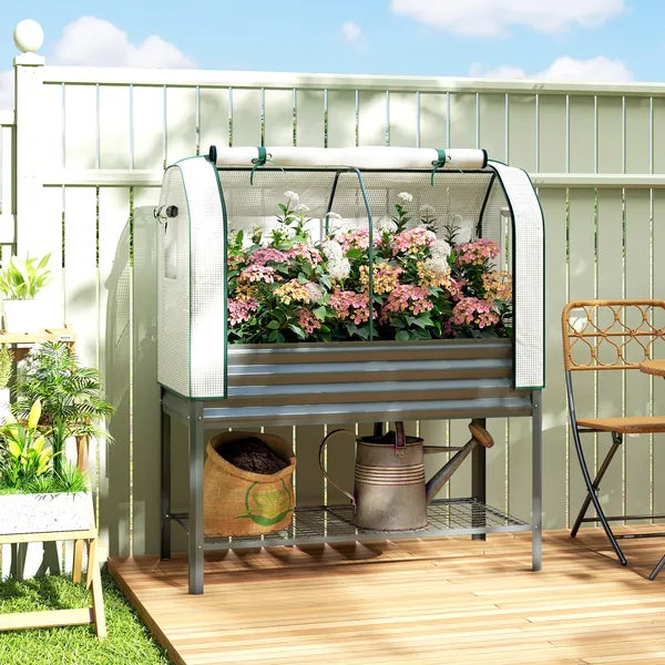 Outsunny Galvanised Raised Garden Bed with Greenhouse Cover, Metal Elevated Garden Bed with Bed Liner, Bottom Shelf, Dark Gray - product image 10