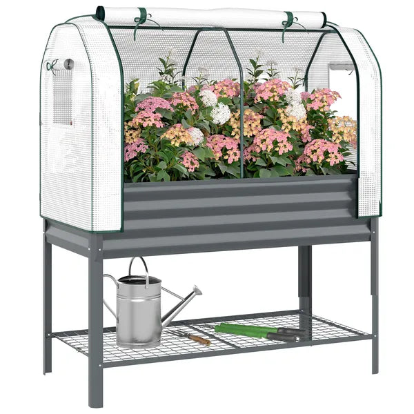 Outsunny Galvanised Raised Garden Bed with Greenhouse Cover, Metal Elevated Garden Bed with Bed Liner, Bottom Shelf, Dark Gray - product image 11