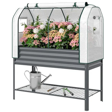 Outsunny Galvanised Raised Garden Bed with Greenhouse Cover, Metal Elevated Garden Bed with Bed Liner, Bottom Shelf, Dark Gray - product image 1