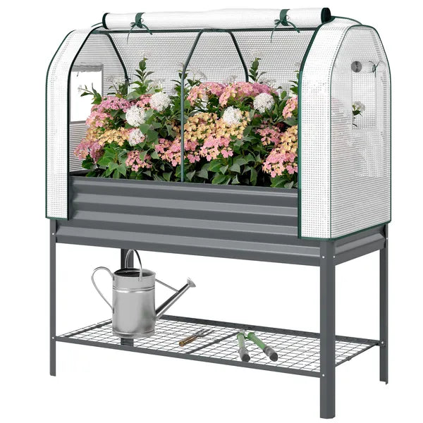 Outsunny Galvanised Raised Garden Bed with Greenhouse Cover, Metal Elevated Garden Bed with Bed Liner, Bottom Shelf, Dark Gray - product image 1