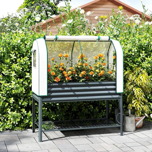 Outsunny Galvanised Raised Garden Bed with Greenhouse Cover, Metal Elevated Garden Bed with Bed Liner, Bottom Shelf, Dark Gray - product image 2