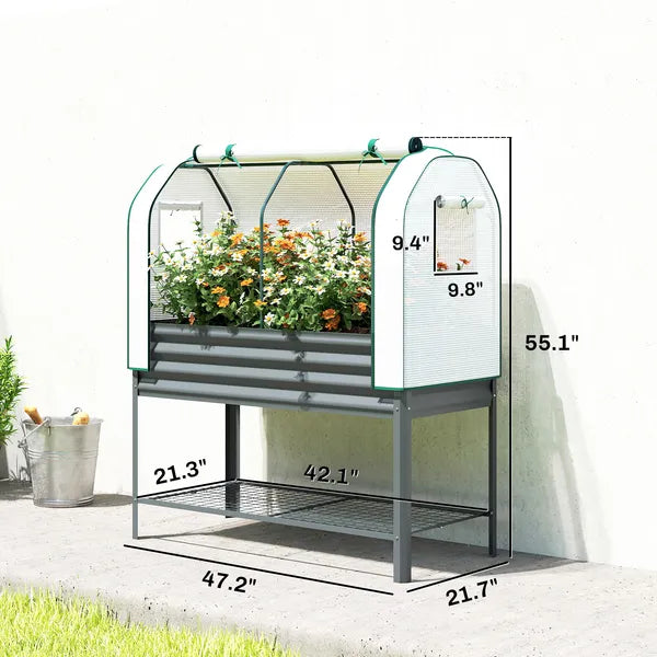 Outsunny Galvanised Raised Garden Bed with Greenhouse Cover, Metal Elevated Garden Bed with Bed Liner, Bottom Shelf, Dark Gray - product image 3