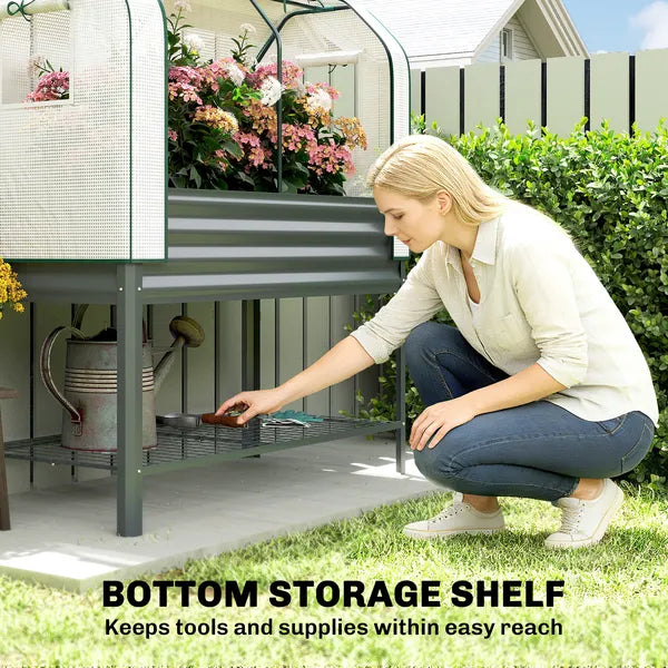 Outsunny Galvanised Raised Garden Bed with Greenhouse Cover, Metal Elevated Garden Bed with Bed Liner, Bottom Shelf, Dark Gray - product image 7