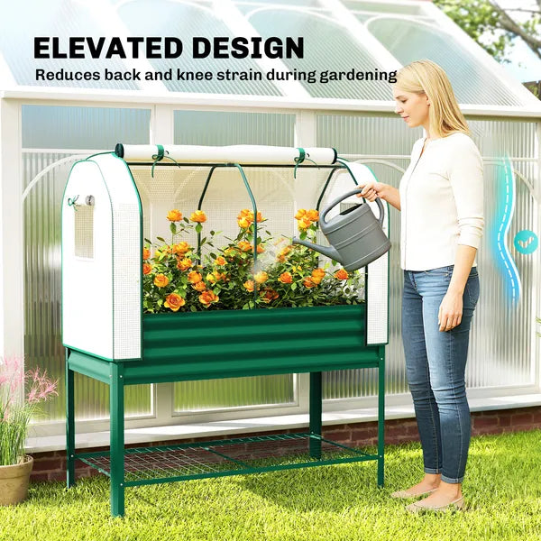 Outsunny Galvanised Raised Garden Bed with Greenhouse Cover, Metal Elevated Garden Bed with Bed Liner, Bottom Shelf, Green - product image 6