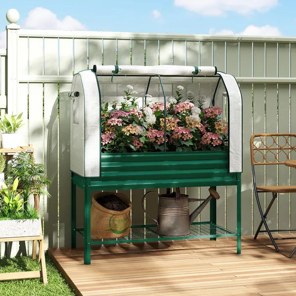Outsunny Galvanised Raised Garden Bed with Greenhouse Cover, Metal Elevated Garden Bed with Bed Liner, Bottom Shelf, Green - product image 10