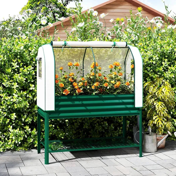 Outsunny Galvanised Raised Garden Bed with Greenhouse Cover, Metal Elevated Garden Bed with Bed Liner, Bottom Shelf, Green - product image 2