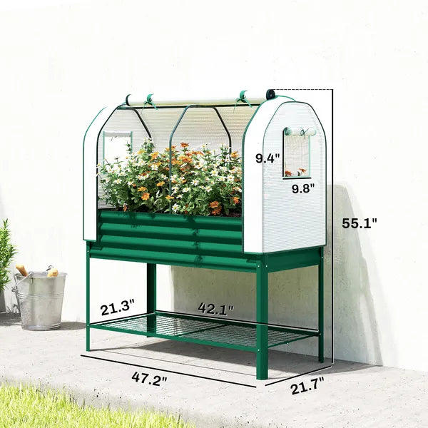 Outsunny Galvanised Raised Garden Bed with Greenhouse Cover, Metal Elevated Garden Bed with Bed Liner, Bottom Shelf, Green - product image 3