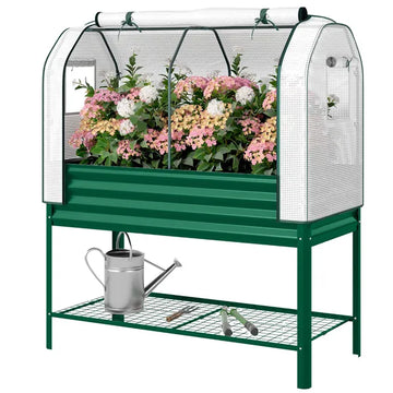 Outsunny Galvanised Raised Garden Bed with Greenhouse Cover, Metal Elevated Garden Bed with Bed Liner, Bottom Shelf, Green - product image 1