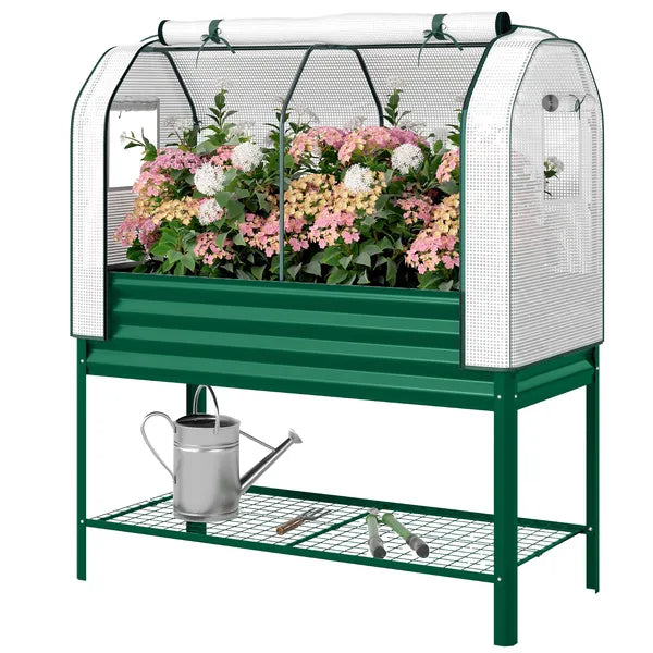 Outsunny Galvanised Raised Garden Bed with Greenhouse Cover, Metal Elevated Garden Bed with Bed Liner, Bottom Shelf, Green - product image 1