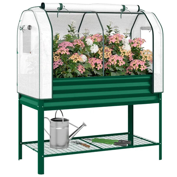 Outsunny Galvanised Raised Garden Bed with Greenhouse Cover, Metal Elevated Garden Bed with Bed Liner, Bottom Shelf, Green - product image 11