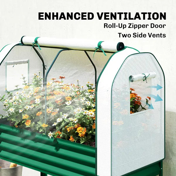 Outsunny Galvanised Raised Garden Bed with Greenhouse Cover, Metal Elevated Garden Bed with Bed Liner, Bottom Shelf, Green - product image 5
