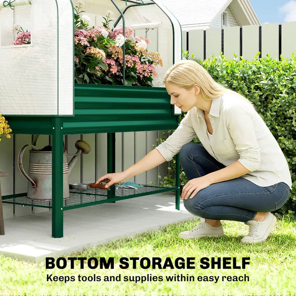 Outsunny Galvanised Raised Garden Bed with Greenhouse Cover, Metal Elevated Garden Bed with Bed Liner, Bottom Shelf, Green - product image 7