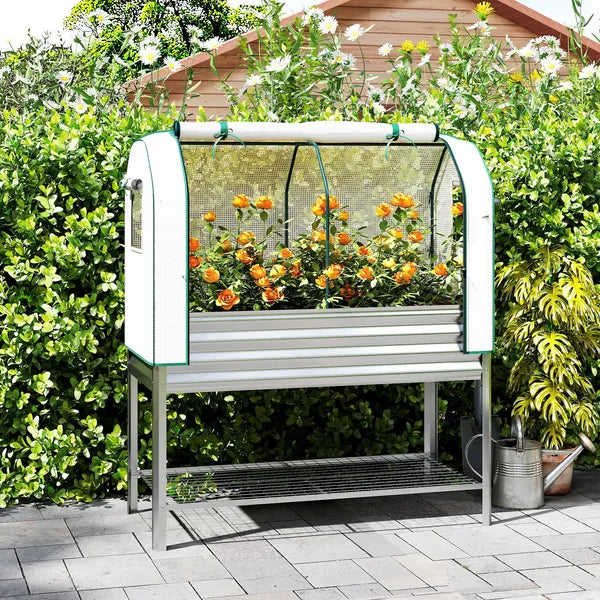 Outsunny Galvanised Raised Garden Bed with Greenhouse Cover, Metal Elevated Garden Bed with Bed Liner, Bottom Shelf, Silver - product image 10