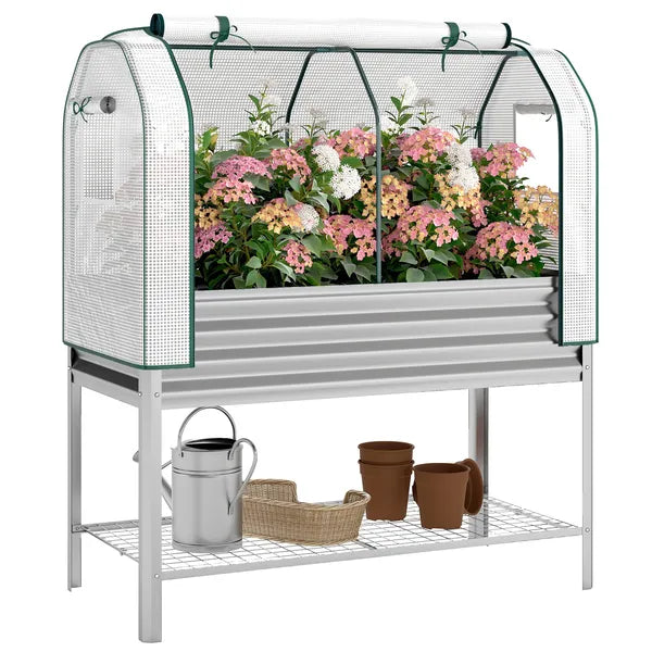 Outsunny Galvanised Raised Garden Bed with Greenhouse Cover, Metal Elevated Garden Bed with Bed Liner, Bottom Shelf, Silver - product image 11