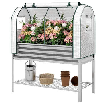 Outsunny Galvanised Raised Garden Bed with Greenhouse Cover, Metal Elevated Garden Bed with Bed Liner, Bottom Shelf, Silver - product image 1