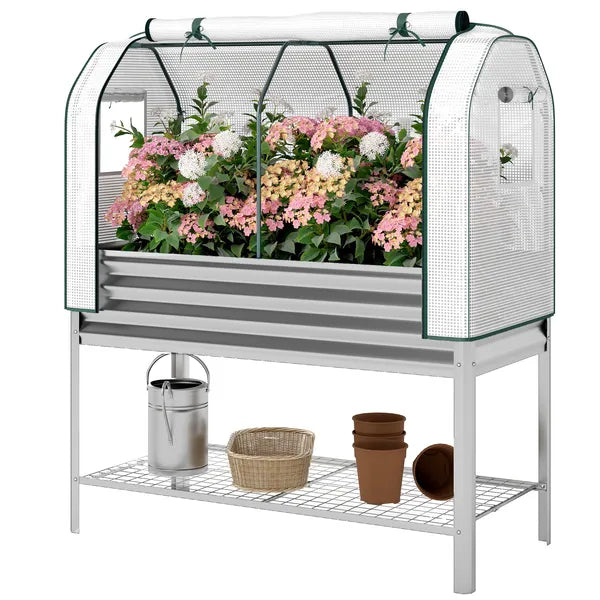Outsunny Galvanised Raised Garden Bed with Greenhouse Cover, Metal Elevated Garden Bed with Bed Liner, Bottom Shelf, Silver - product image 1