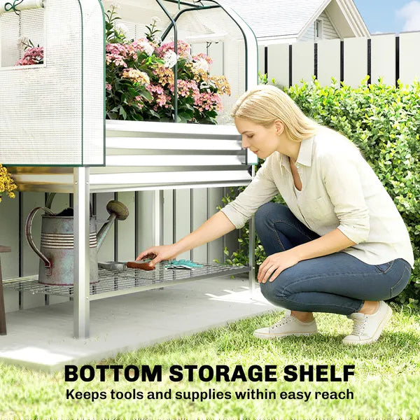 Outsunny Galvanised Raised Garden Bed with Greenhouse Cover, Metal Elevated Garden Bed with Bed Liner, Bottom Shelf, Silver - product image 7