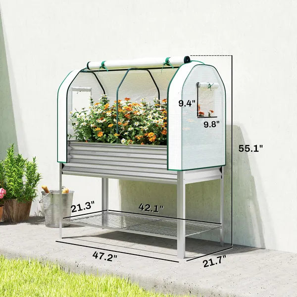 Outsunny Galvanised Raised Garden Bed with Greenhouse Cover, Metal Elevated Garden Bed with Bed Liner, Bottom Shelf, Silver - product image 3