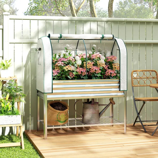 Outsunny Galvanised Raised Garden Bed with Greenhouse Cover, Metal Elevated Garden Bed with Bed Liner, Bottom Shelf, Silver - product image 2